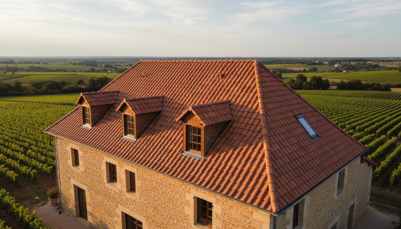 Toiture en tuiles fraîchement rénovée d'une maison de Nouvelle-Aquitaine
