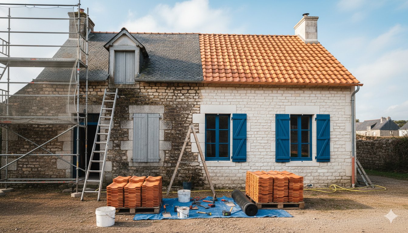 Maison en cours de rénovation en Nouvelle-Aquitaine : ravalement de façade et reprise de toiture