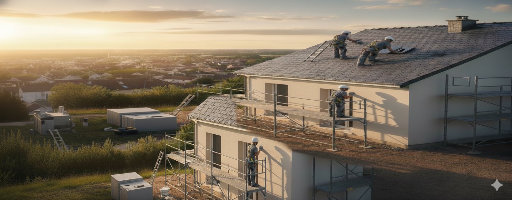 Couvreurs sur un chantier de rénovation de toiture en Nouvelle-Aquitaine au coucher du soleil